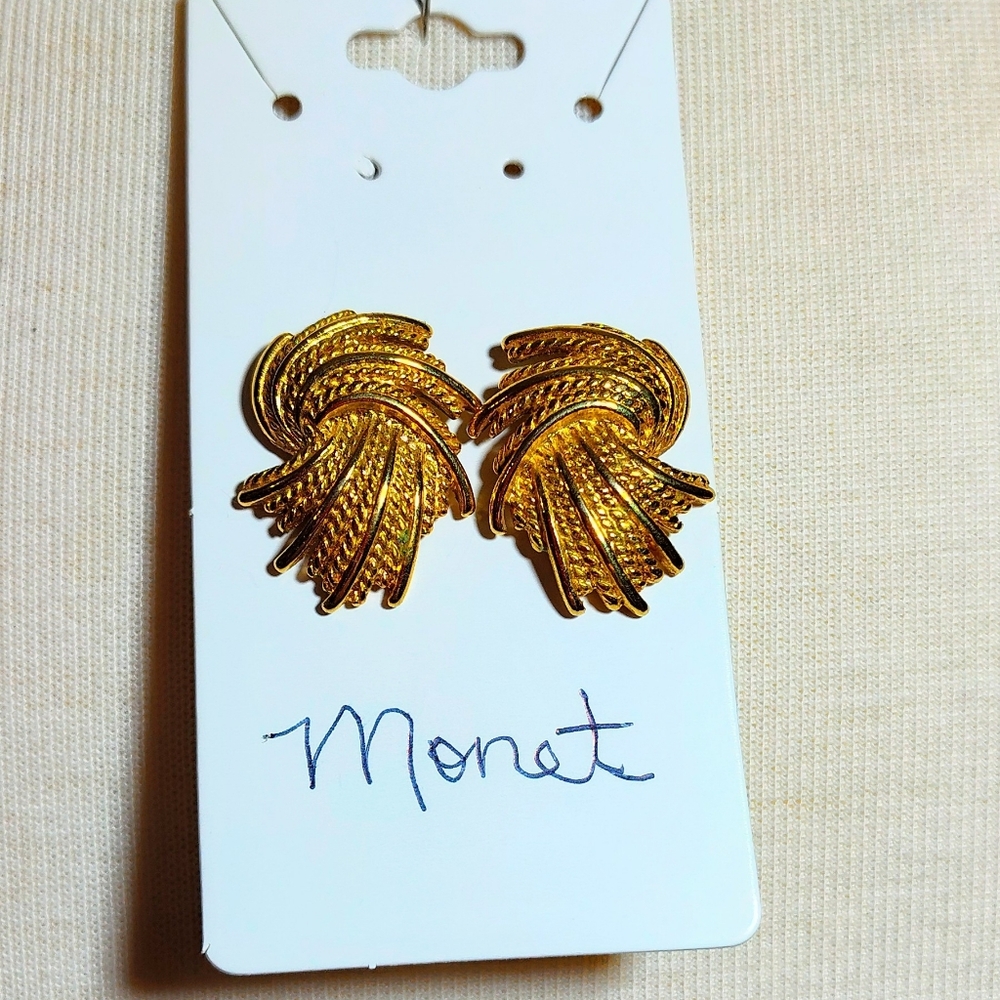 Vintage Monet Gold-Tone Textured Clip On Earrings